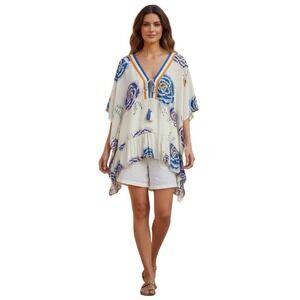 Z&L Europe Cream Floral Kaftan Tunic Blouse Tassels Women's Sz S Boho Artsy